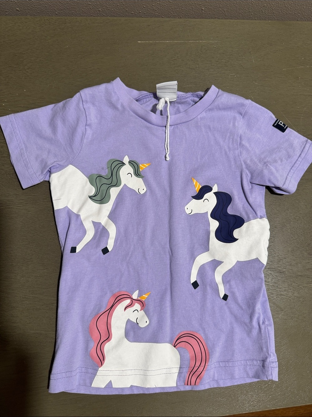 Polarn O. Pyret Lavender Unicorn Tee with Pink, Navy & Green Accents size 2-3Y